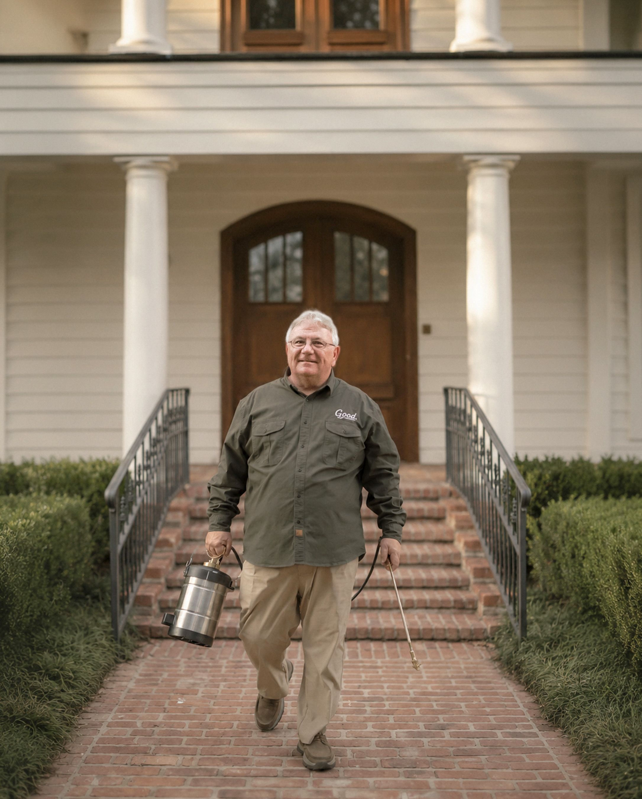 A Good. Pest Control technician treating a home